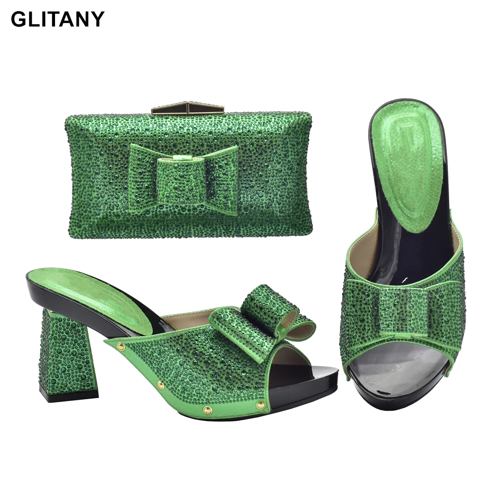 

Green Color Women Shoes and Bag Set In Italy Matching Shoes and Bag Set Decorated with Rhinestone Nigerian Women Shoes and Bag