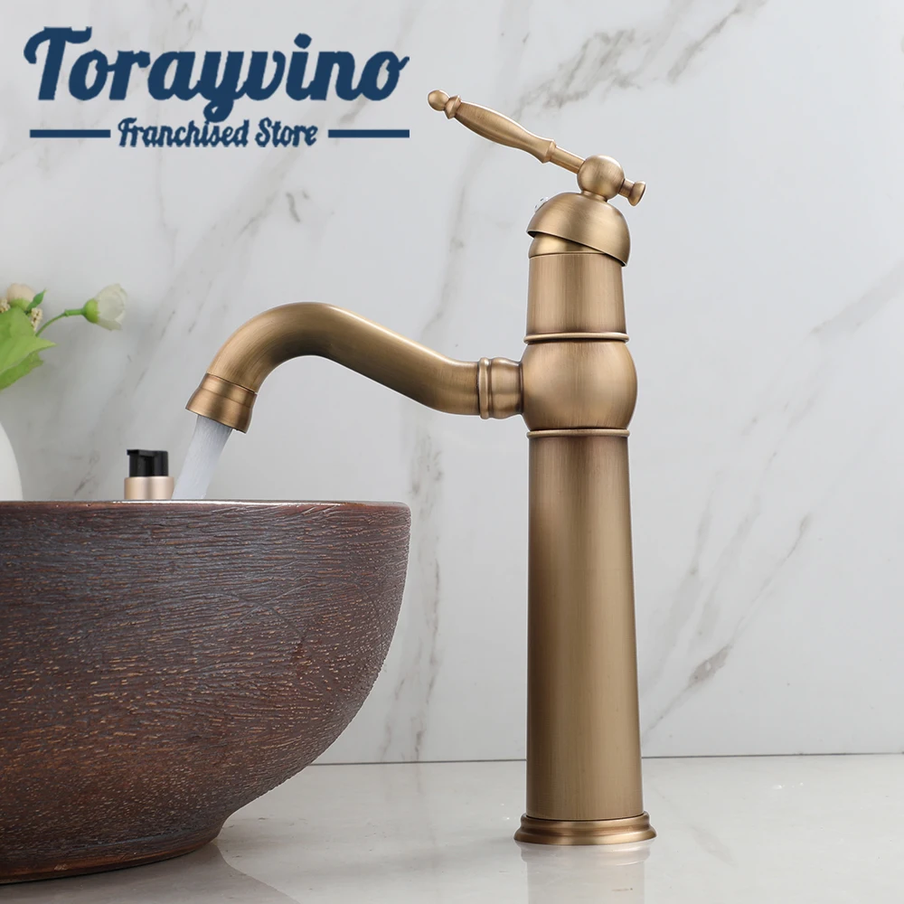 

Torayvino Bathroom Antique Brass Faucet musluk Swivel Spout Deck Mounted Basin Single Handle Vessel Sink hot & cold Mixer Tap