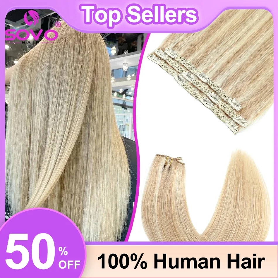 

SOVO Clip In Hair Extensions Human Hair 3 Pieces Bone Straight Clip Ins Hair Extension 60-90G Real Natural European Hair 12-26"