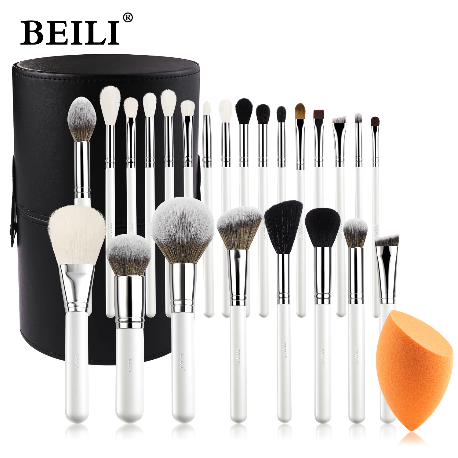 

BEILI Makeup Brushes Set 24pcs Make Up Tools for Women Foundation Powder Eyeshadow Blush Brush Natural Goat Hair White/Silver