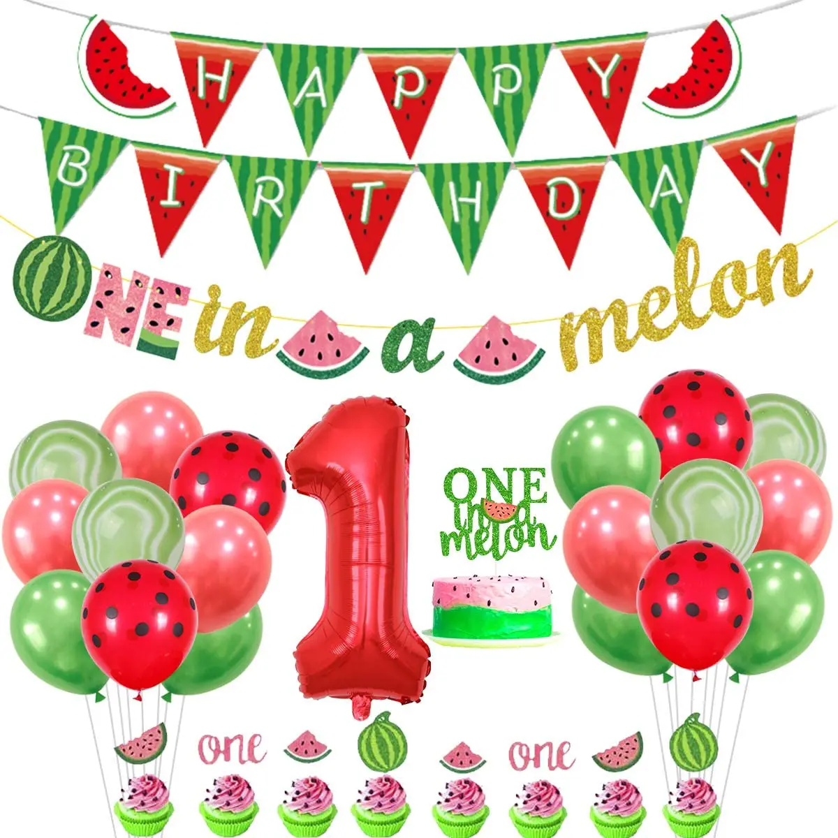 

Watermelon 1st Birthday Decorations for Girls One In A Melon Banner Garland Number 1 Foil Balloon First Birthday Party Supplies