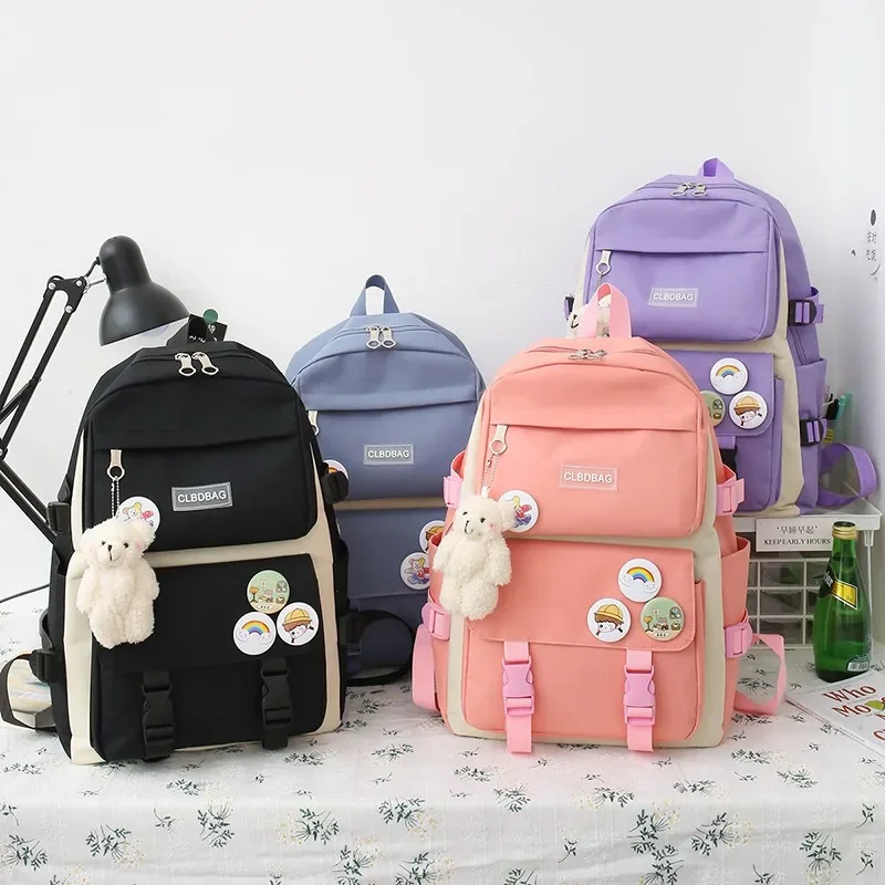 

4 Pcs Set Harajuku Women Laptop Backpack Canvas School Bags For Teenage Girls Kawaii College Student Kids Book Bag Rucksack 2024