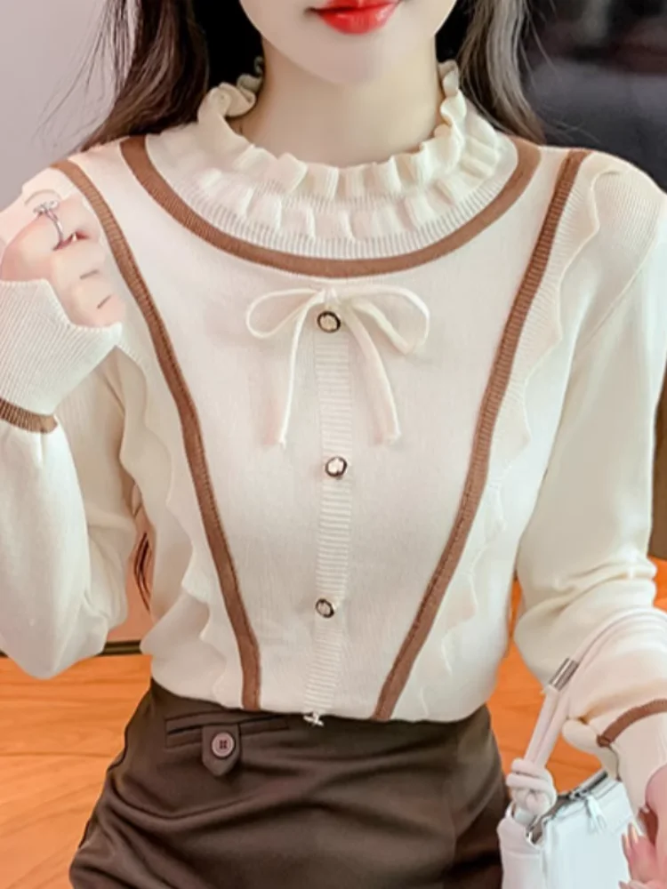 

Elegant Knitted Spliced Lace Up Bow Ruffles Blouses Women's Clothing 2023 Autumn Winter Loose All-match Tops Office Lady Shirts