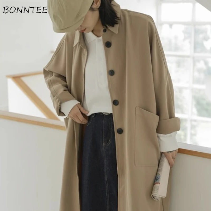 

Женский свободный Тренч-карго в стиле ретро, универсальные простые пальто с отложным воротником, длинными рукавами и карманами в Корейском стиле, осенняя одежда