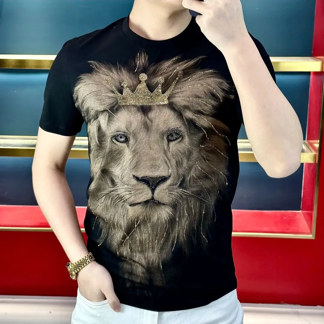 

Summer New Fashion Short Sleeve Men's Casual Round Neck Lion Print Hot Diamond Slim Fit T-shirt Men's Versatile Poleras Hombre