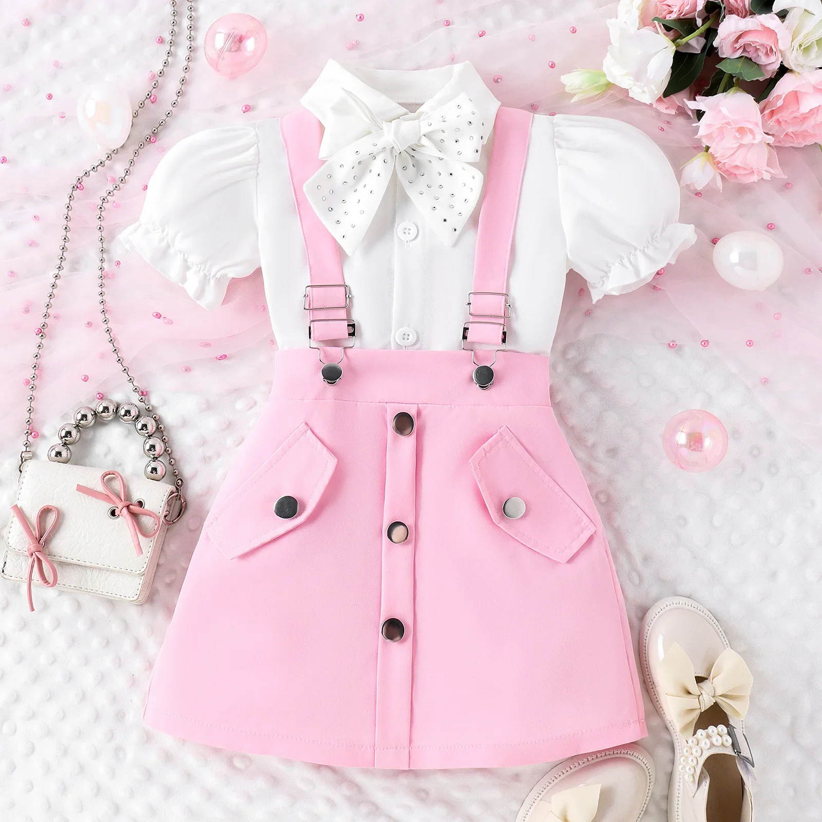 

2024 New Summer Baby Girls Cute Clothing Sets Puff Sleeve Bow Tie Lapel Shirt Tops + Pink Suspender Skirt Girls Fashion Clothes