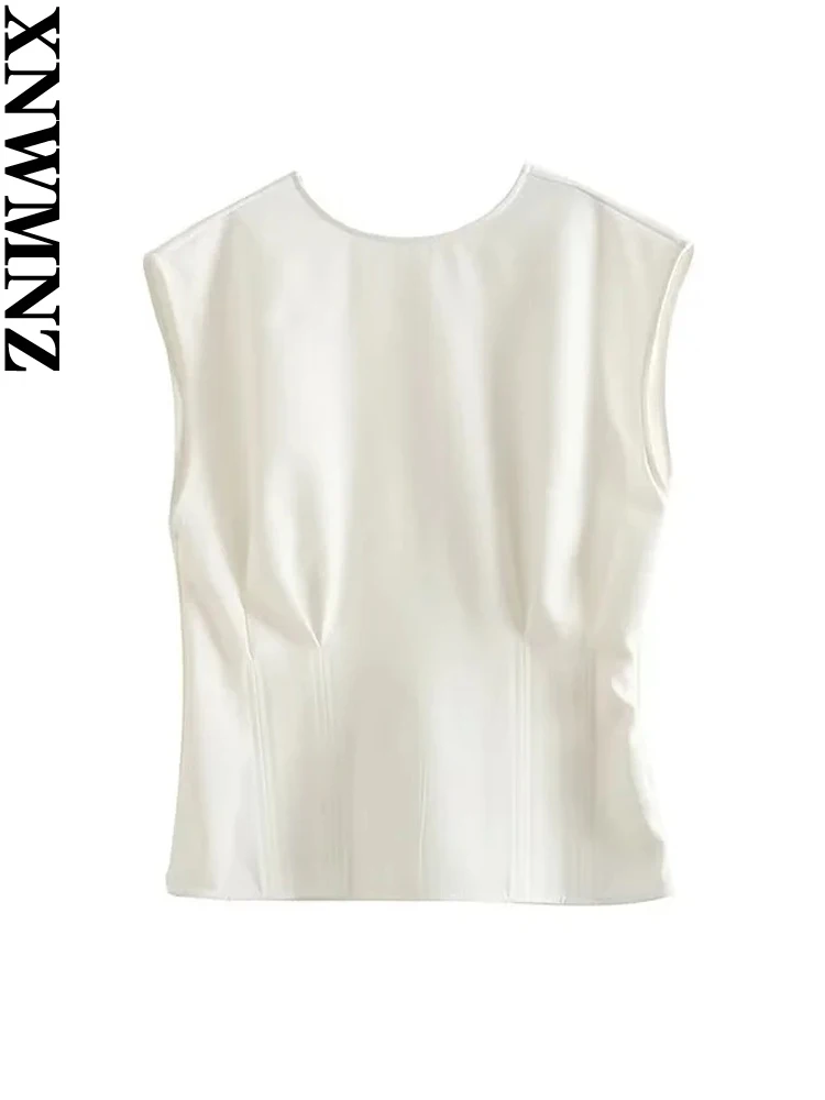 

XNWMNZ 2023 Женская мода Складная Талия короткий рукав рубашка женщина простой O шеи Повседневный Универсальный женский шикарный топ