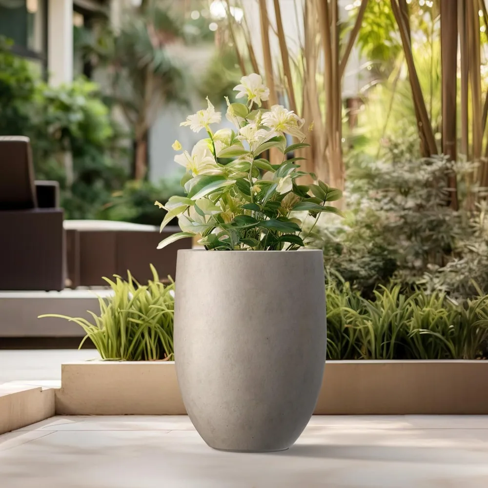 

Planter, Large Outdoor Indoor Decorative Pot with Drainage Hole and Rubber Plug, 21.7" H Weathered Concrete Tall Planter