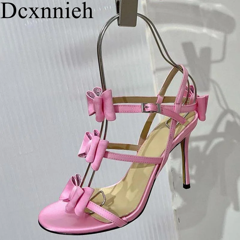 

New Open Toe Satin Finish One Strap Thin High Heel Sandals Women Butterfly knot Decor Ankle Strap Sandalias Summer Dress Shoes