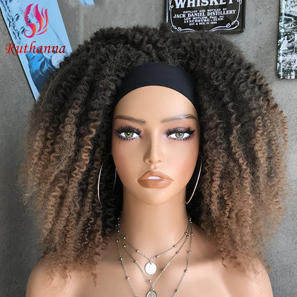 

New Afro Kinky Curly Synthetic Headband Wig 18inch Natural Soft Fluffy Explosive Head Hair Short Curly Wig For Women Daily Use