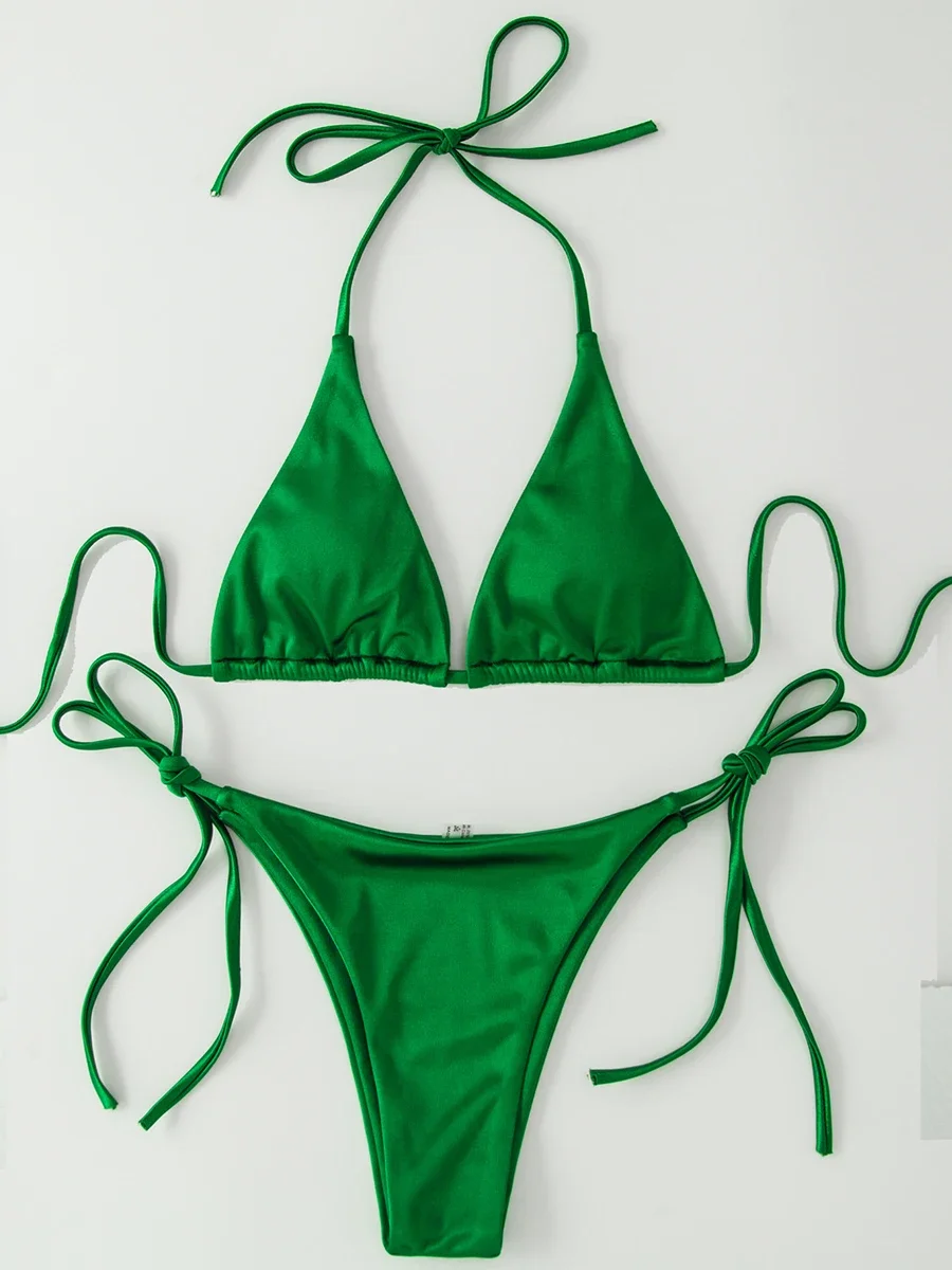 

Metallic Halter Triangle Bikini 2023 Swimsuit Women Swimwear Female Bathing Suits Brazilian Thong Micro Bikinis Set Beach Wear