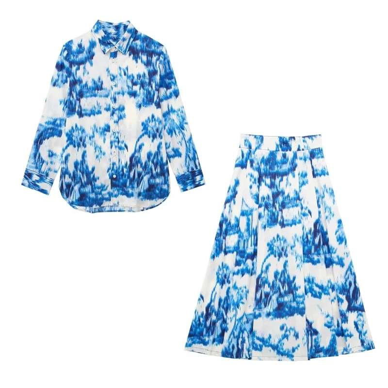 Summer New Lapel Long Sleeve Single Breasted Printed Poplin Shirt High Waist Skirt Two-piece Women's Dress
Summer New Lapel Long Sleeve Single Breasted Printed Poplin Shirt High Waist Skirt Two-piece Women's Dress