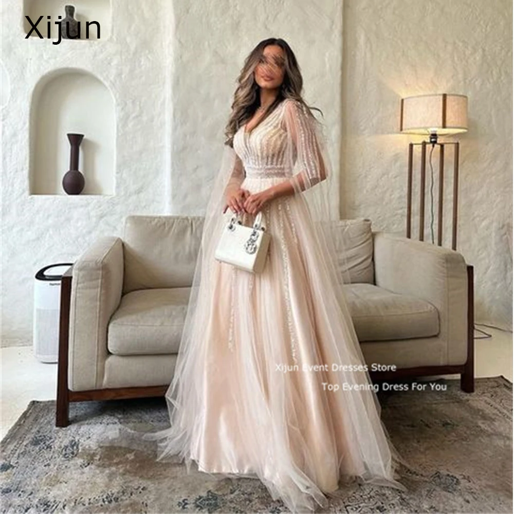 

Xijun Glitter V Neck Evening Dresses Long Gogerous Prom Dress Sequined Formal Prom Gowns Dubai Wedding Saudi Arabric Party Gown