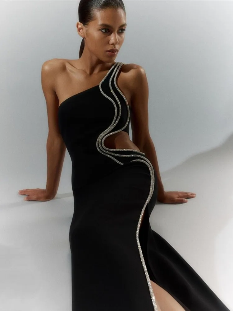 

Женское длинное облегающее платье макси, элегантное черное платье на одно плечо со стразами в стиле Звезд, для клуба, для лета, 2023