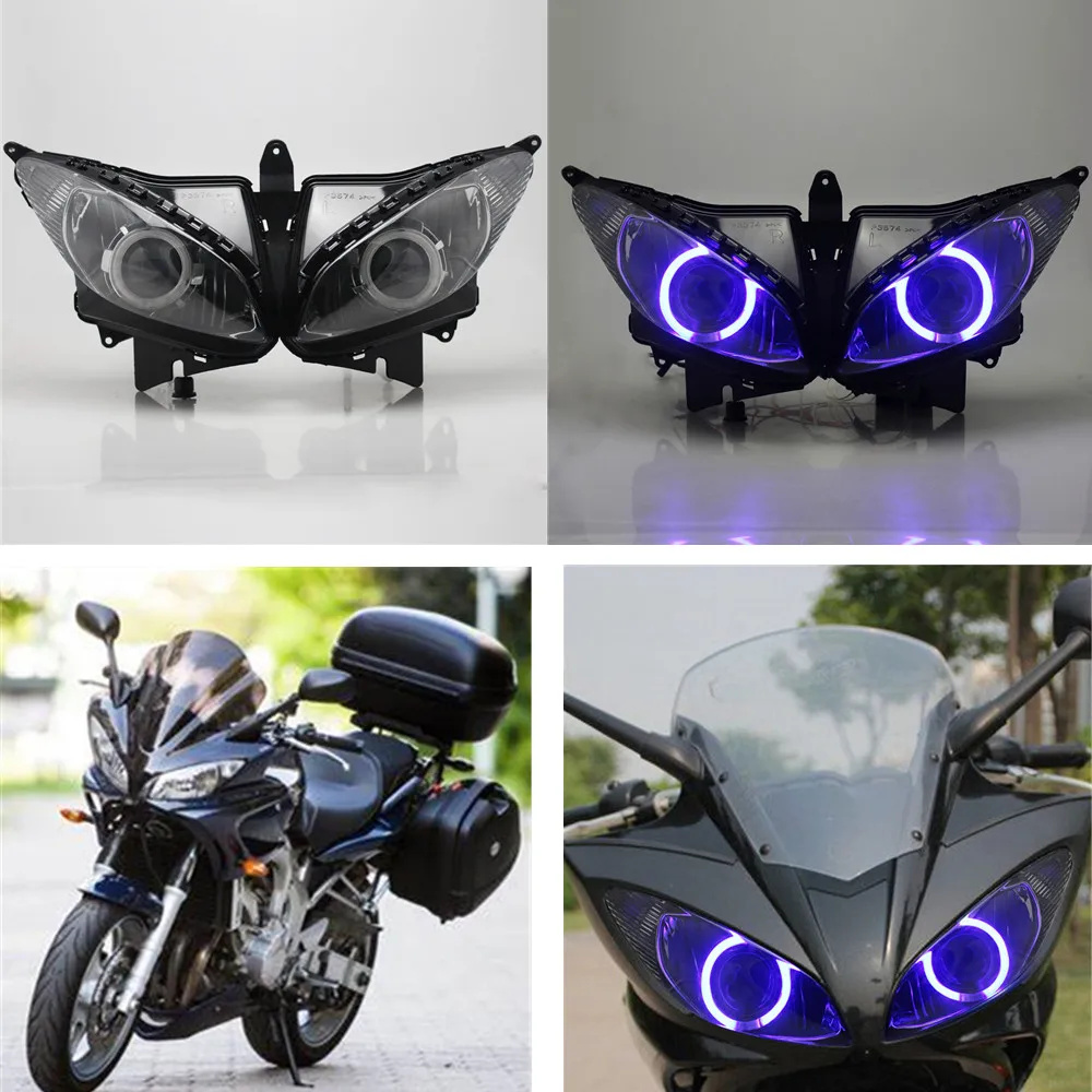 

Motorcycle Custom Blue Angel Eyes LED Head Light HID Projector Headlight Assembly For Yamaha FZ6S 2003-2009 Faros Led Para Moto
