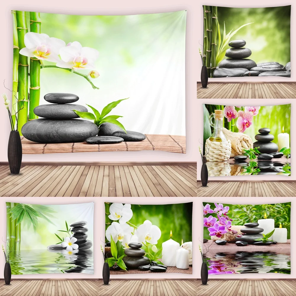 

Spa Tapestry Zen Tower Stone Hibiscus Flower Bamboo Tapestries Fabric Wall Hanging Decor for Bedroom Living Room Dorm Polyester