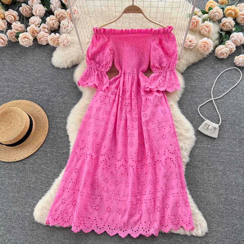 Summer One Line Neck Dress Hollow Bubble Sleeves Pleated Design Waist Wrapped Premium Style Long Dress
Summer One Line Neck Dress Hollow Bubble Sleeves Pleated Design Waist Wrapped Premium Style Long Dress