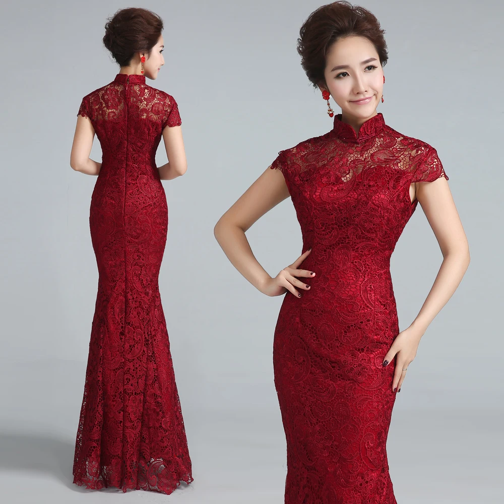 

Wine Red Lace Wedding Cheongsam Modern Chinese Traditional Dress Qipao Evening Dresses Long Qi Pao Formal Vintage Robe Chinoise