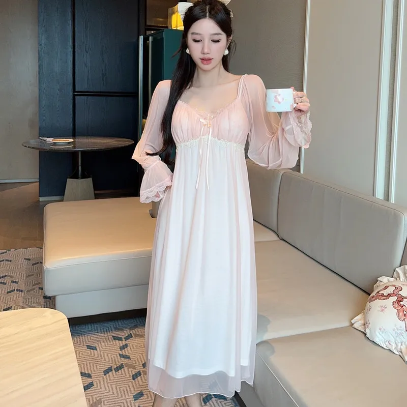 

Sexy Lace Mesh Nightwear Women Long Sleeve Sleepwear Modal Nightdress Princess Homewear Loungewear Palace Style Nightgown