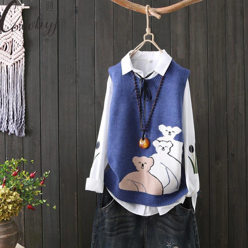 Casual Bear Print Knitted Sleeveless Vest Women Fashion Round Neck Sweater Waistcaot All-Match Cropped Loose Pullover Plus Size
Casual Bear Print Knitted Sleeveless Vest Women Fashion Round Neck Sweater Waistcaot All-Match Cropped Loose Pullover Plus Size