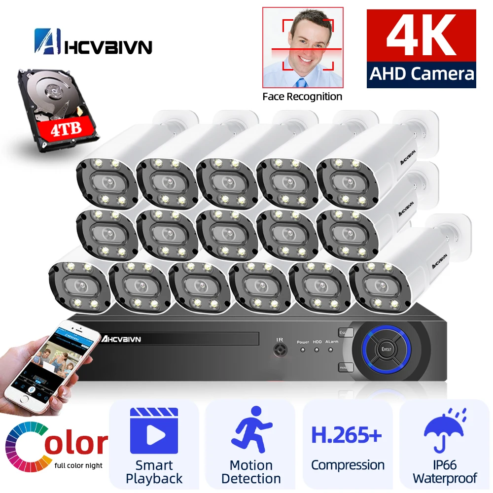 

8MP 16CH AHD DVR IP66 Ourdoor Full Color Night Motion Detection Security Camera System Set 4K CCTV Video Surveillance System Kit