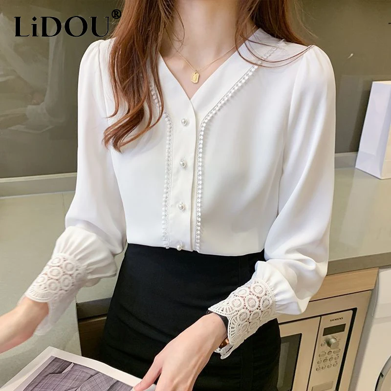 Summer 5XL Office Lady Elegant Fashion Lace Patchwork Shirt Femme Long Sleeve Buttons Cardigan Tops Women V-neck Chiffon Blouse 
Summer 5XL Office Lady Elegant Fashion Lace Patchwork Shirt Femme Long Sleeve Buttons Cardigan Tops Women V-neck Chiffon Blouse