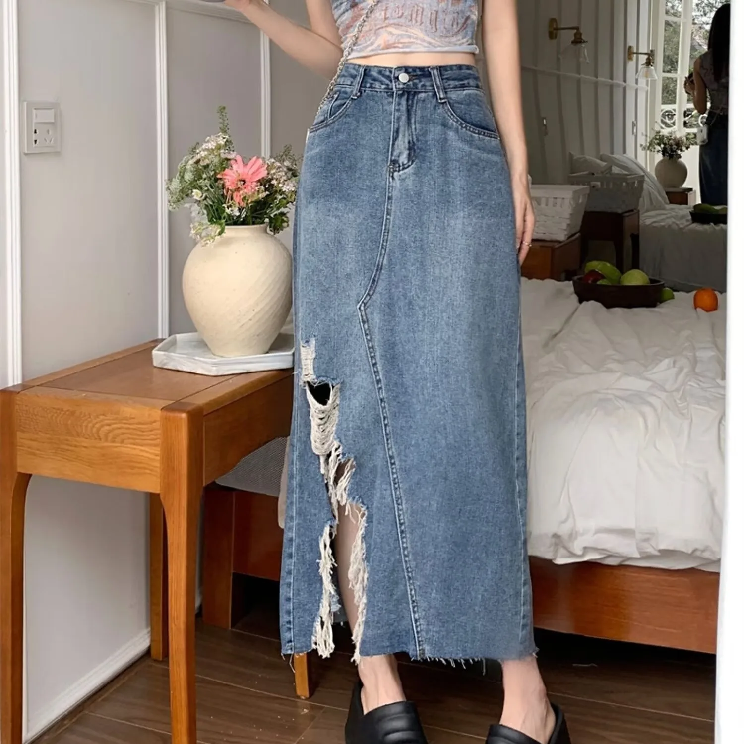 

Oversized Split Denim Skirts Women Spring Summer High Waist Hole Raw Edge Irregular Jean Skirt Vintage Sexy Slim Wrap Hip Skirts