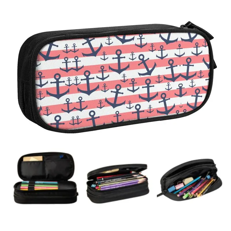 

Nautical Coral Stripe Navy Blue Anchor Pattern Pencil Case Boys Gilrs Large Capacity Sailing Sailor Pencil Pouch Student School