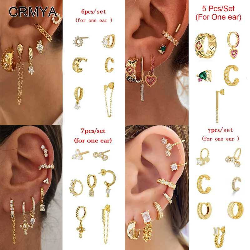 

CRMYA Gold color Stud Hoop Clip Dangle Earrings For Women CZ Zircon 2023 Trendy Female Earring Set Fashion Jewelry Wholesale