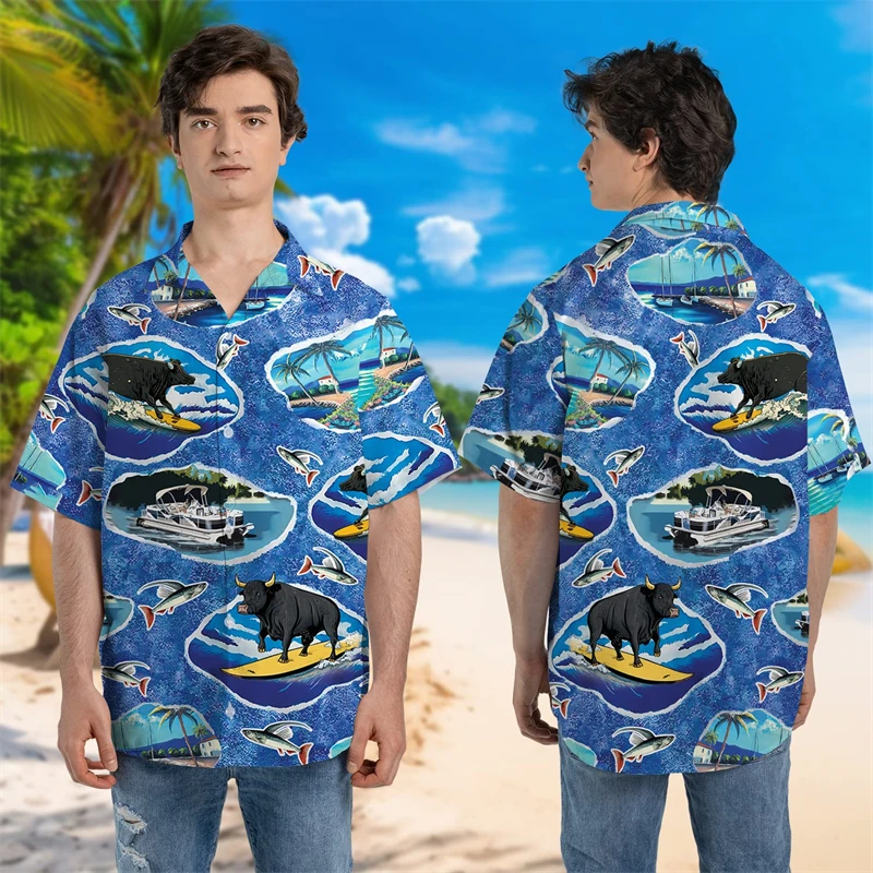 

Harajuku Fashion Hawaiian Cow Surfing 3D Printed Beach Shirts Casual Aloha Fish Graphic Short Sleeve Vacation Bison Blouses Tops