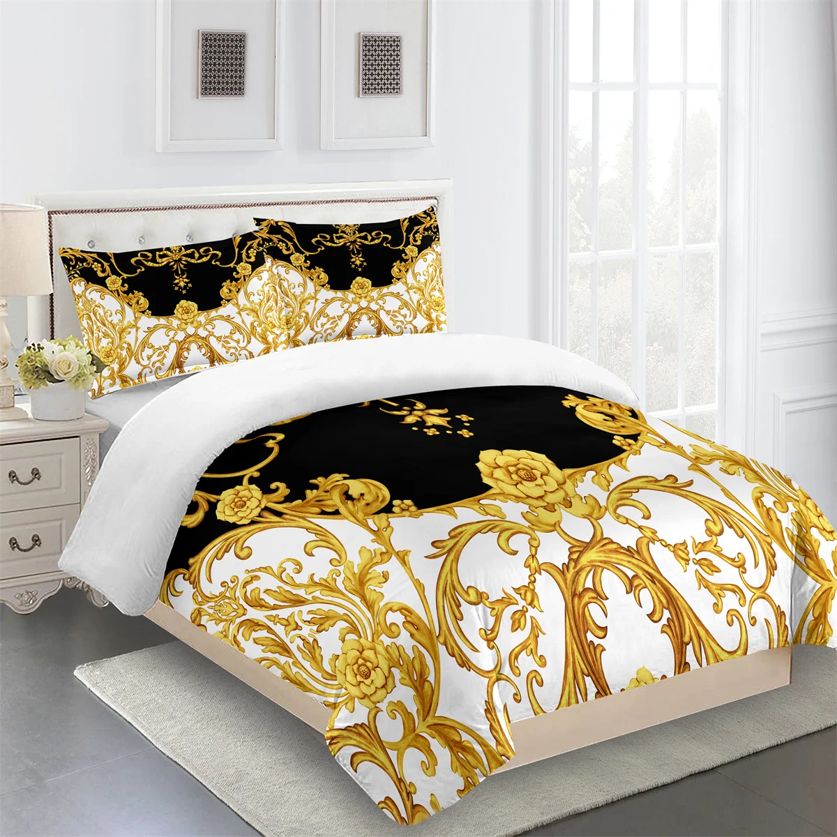 

Luxury Black Gold 3Pcs Geometric Kids Twin Queen King Full Size Duvet Cover Bedding Linen Set 2 Seater Bedspread 200x200 240x220