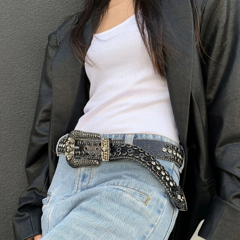 

Harajuku Waist Belt Shinning Rhinestone Buckle Belts for Woman Men Rhinestone Skull Decor Waist Strap for Jeans Dress