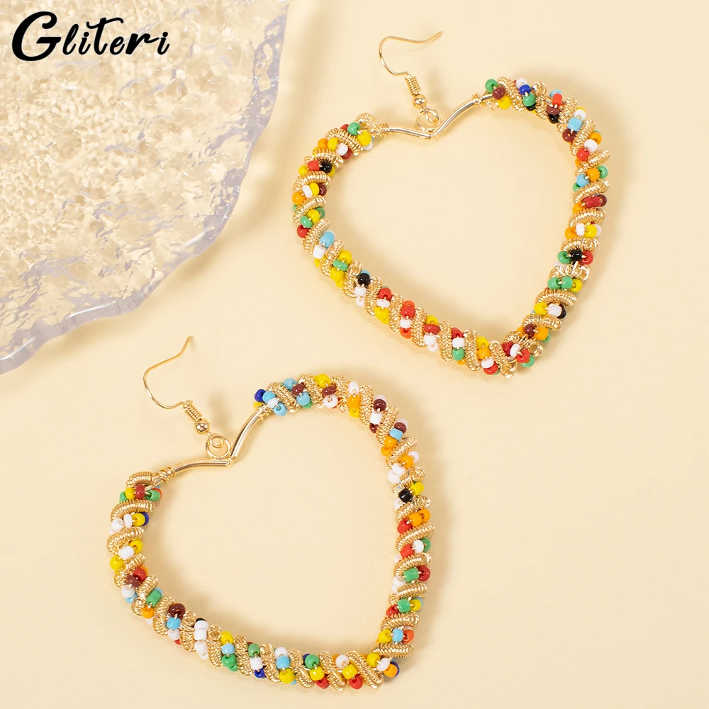 

GEITERI 1Pair Bohemia Heart Colorful Beads Earrings For Women Girls Geometric Rice Bead Wrapped Love Drop Earrings Jewelry Gifts
