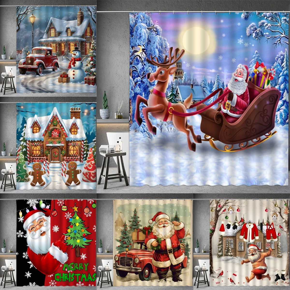 

Рождественская занавеска для душа, зимний снеговик, Санта-Клаус, снежинка, гном, ферма, грузовик, ягоды, рождественская елка, мультяшное украшение для ванной комнаты