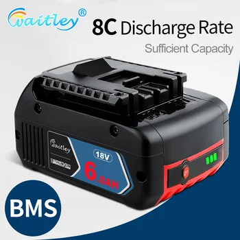 Waitley 충전식 리튬 이온 배터리, Bosch 18V 전동 공구 백업 6000mah, 휴대용 교체 BAT609 표시등, 18V 6Ah