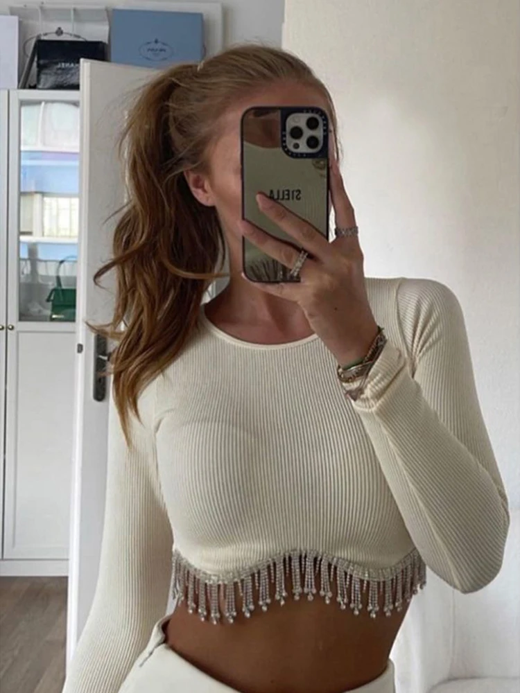90s Rhinestone Tassel Cropped Tops Women Sexy Slim Y2K Crewneck Autumn Female T-shirts Chic Elegant Long Sleeve Top T-shirt
90s Rhinestone Tassel Cropped Tops Women Sexy Slim Y2K Crewneck Autumn Female T-shirts Chic Elegant Long Sleeve Top T-shirt
