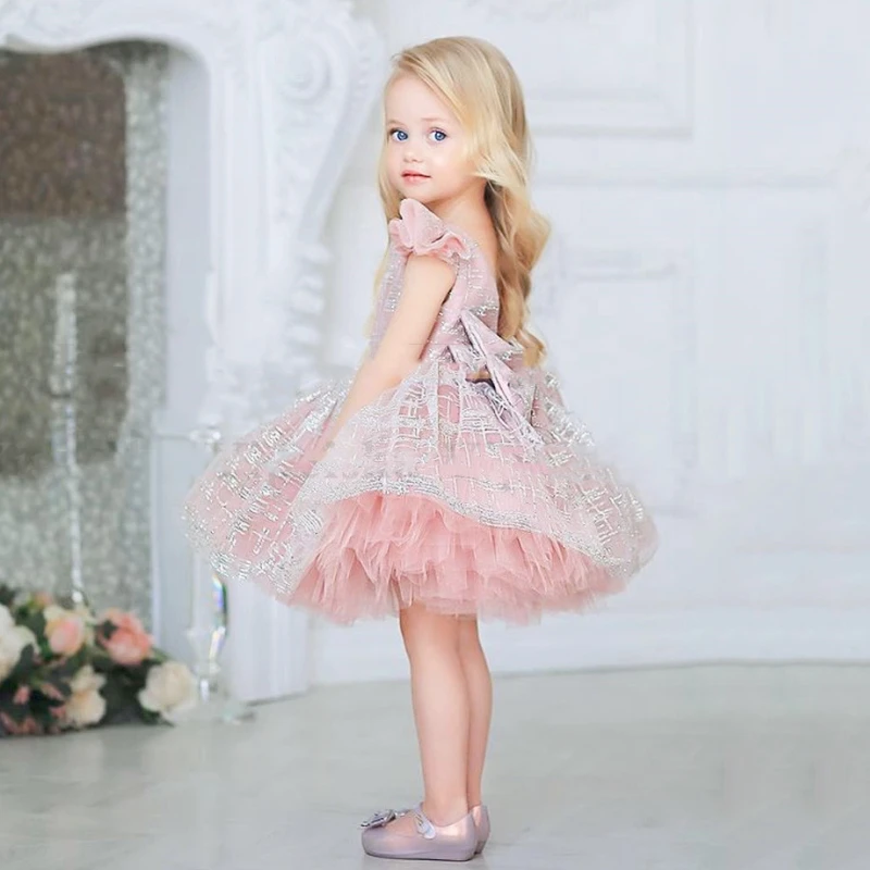 

Cute Pink Girl Dress Beautiful Glitter Tulle Wedding Birthday Formal Prom First Communion Gowns Graduation Dinner