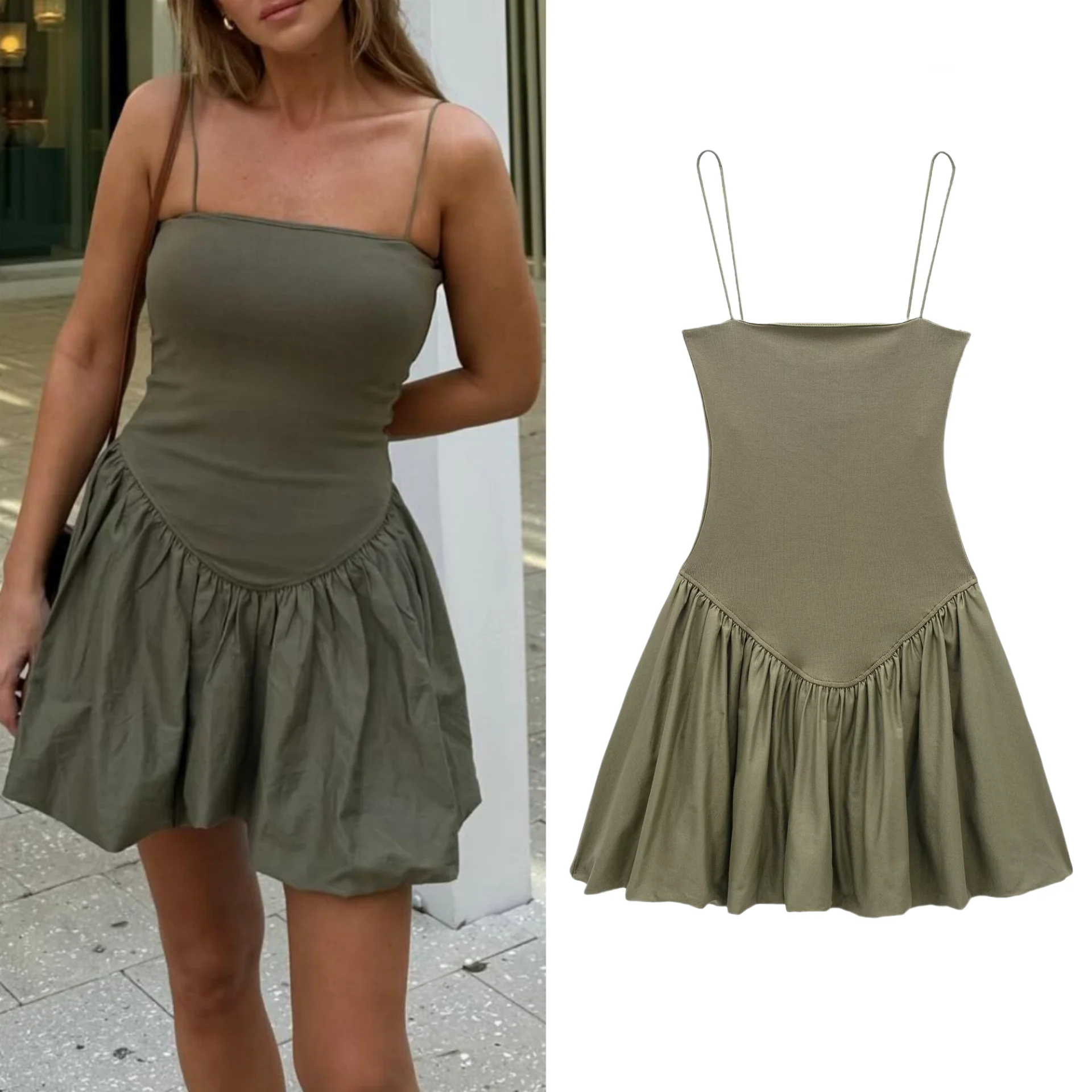 

TRAF Vintage Casual Chic Women Dress Solid Cami Short Draped Ball Gown New Vestidos Fashion 2024 Summer Mini Beach Dress