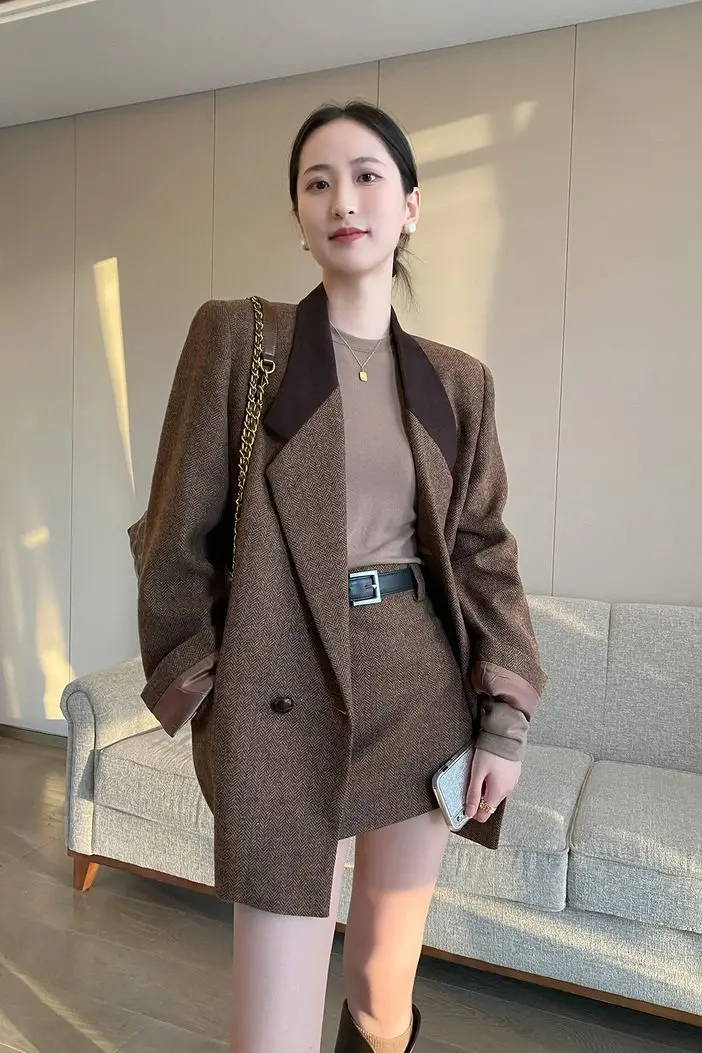 

UNXX Melard Brown Retro Suit Skirt Women 2024 Spring New Splicing Suit Jacket Skirt Two-Piece Set for Female Office Lady Girl