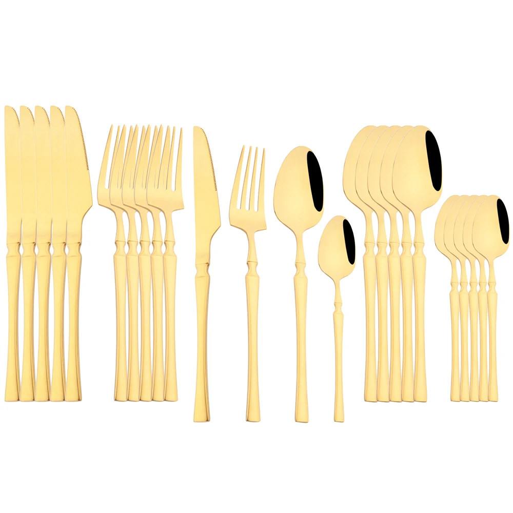 

24Pcs Retro Gold Dinnerware Set Steak Knife Fork Tea Spoons Cutlery Set High Quality Stainless Steel Flatware Kitchen Tableware