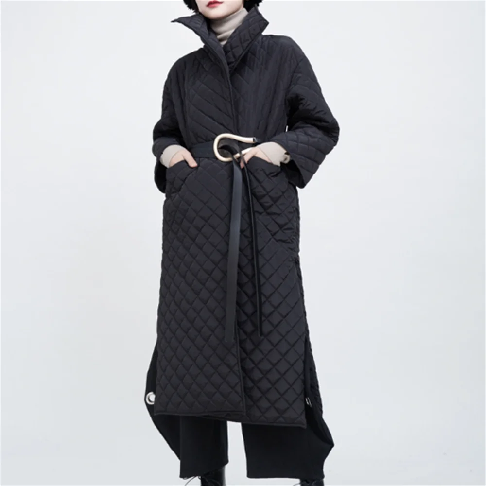 

spring and winter high collar Lingge quilted cotton open side slit winter coat