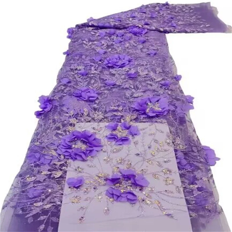 

Фиолетовая африканская 3D Цветочная кружевная ткань 2023 Высококачественная французская сетчатая кружевная ткань с блестками нигерийская для свадебного платья