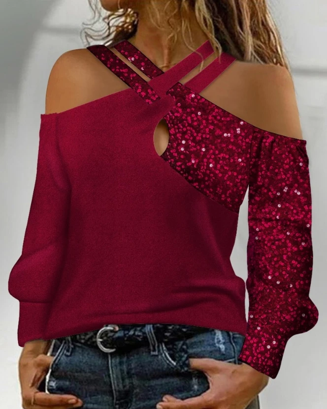 

Female Casual Contrast Sequin Cold Shoulder Top Women's Long Sleeve Tee New Woman Criss Cross Fashion T-Shirt