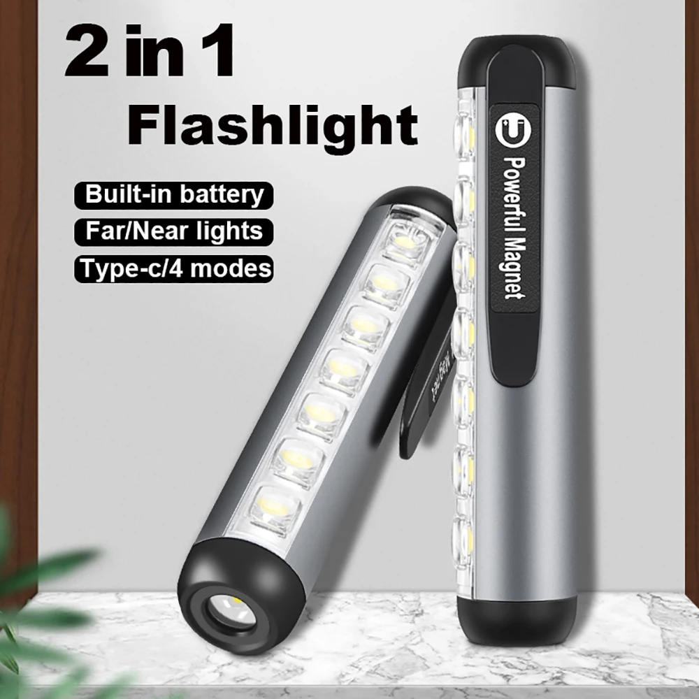 

Powerful Led Flashlight 2 in 1 LED Built in Battery Shot Long Smart Type-c Rechargeable Flash Light Mini Torch Lamp For Camping