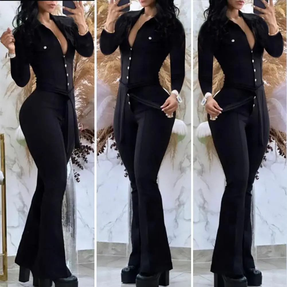

Lady Spring Jumpsuit Elegant Women's High Waist Jumpsuit Flared Cuff Slim Fit Belted Solid Color for Fall Spring Fashion Women