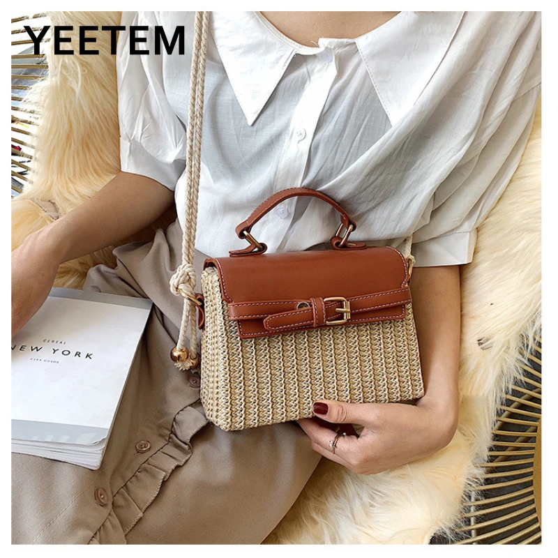 

Straw Square Shoulder Bags For Beach Handbags Summer Vintage Rattan Handmade Kintted Woven Crossbody Bag Purse