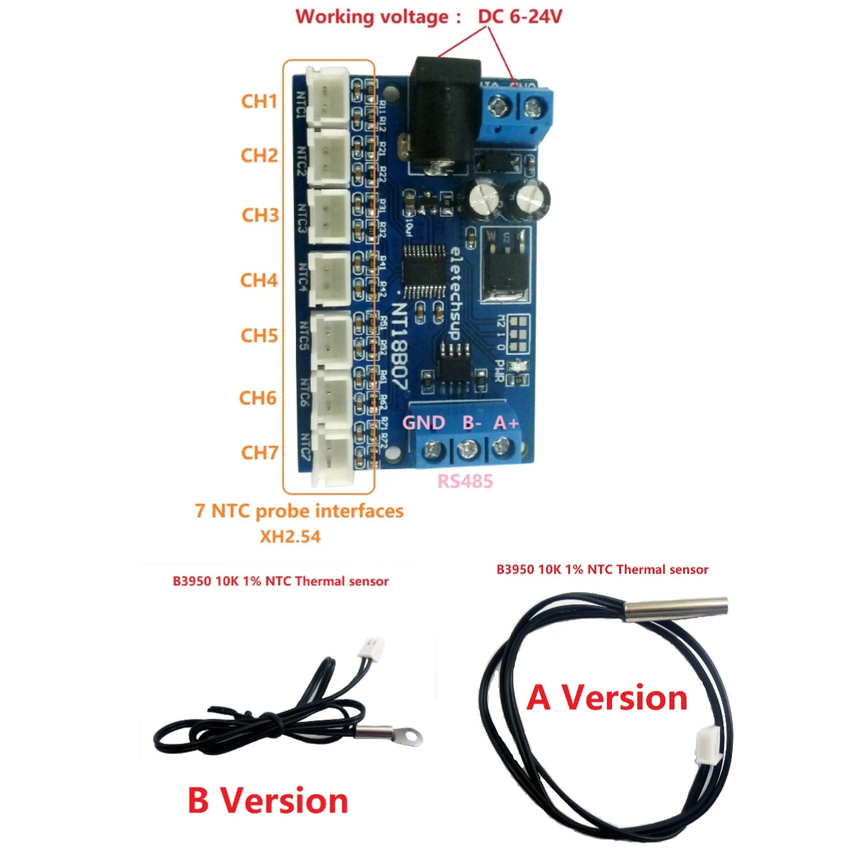 7CH DC 12V RS485 NTC Thermistor Temperature Sensor Modbus Rtu Remote acquisition monitor Module B3950 10K 1%
7CH DC 12V RS485 NTC Thermistor Temperature Sensor Modbus Rtu Remote acquisition monitor Module B3950 10K 1%