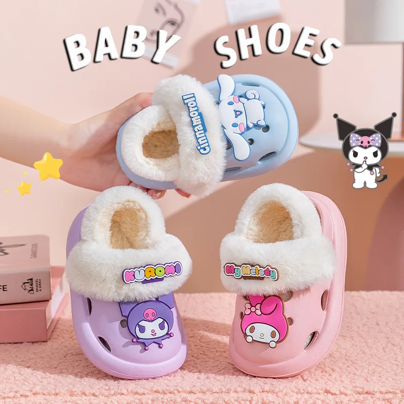 

2023 Winter Children Cotton Slippers Miniso Kawaii Sanrioed Anime Kuromi Cinnamoroll My Melody Boy Girl Non-Slip Warm Shoes Gift