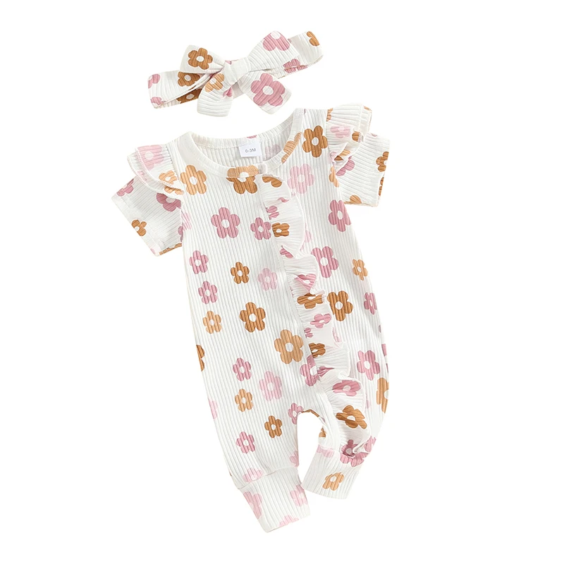 

Newborn Baby Girl Romper Floral Ruffled Short Sleeve Jumpsuit with Headband Infant Summer Playsuit Clothes