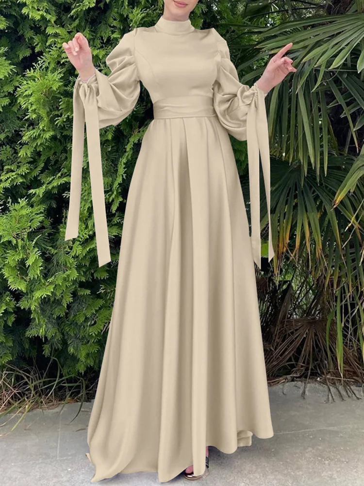 

Satin Abaya Dress Muslim Women Solid Color Wrap Front Long Sleeve with Belt Long Maxi Dress Summer Dubai Turk Modest Wear